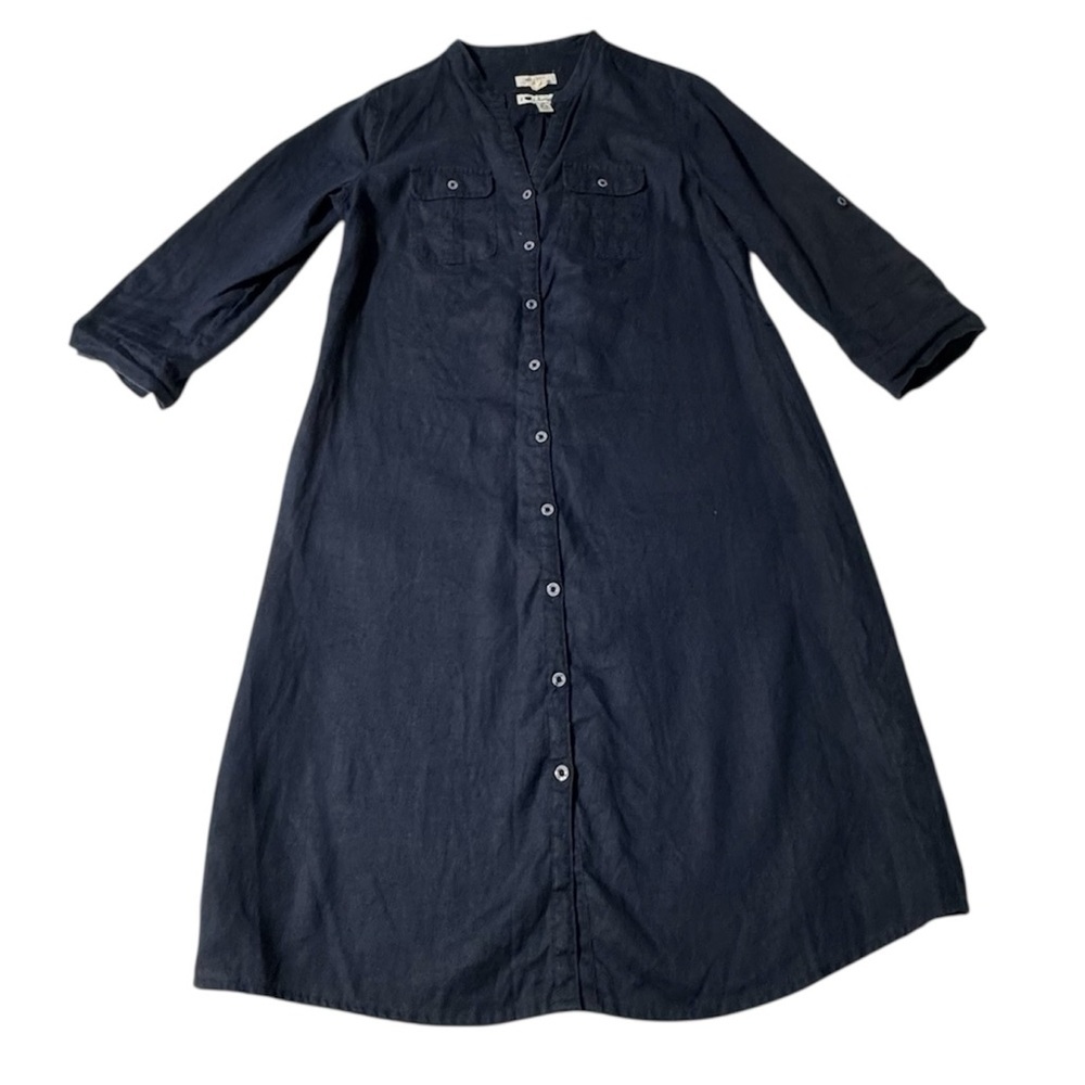 Malvin I ❤️ Linen Navy Shirt Dress Size M Button Front Midi Minimalist Classic - Picture 2 of 12